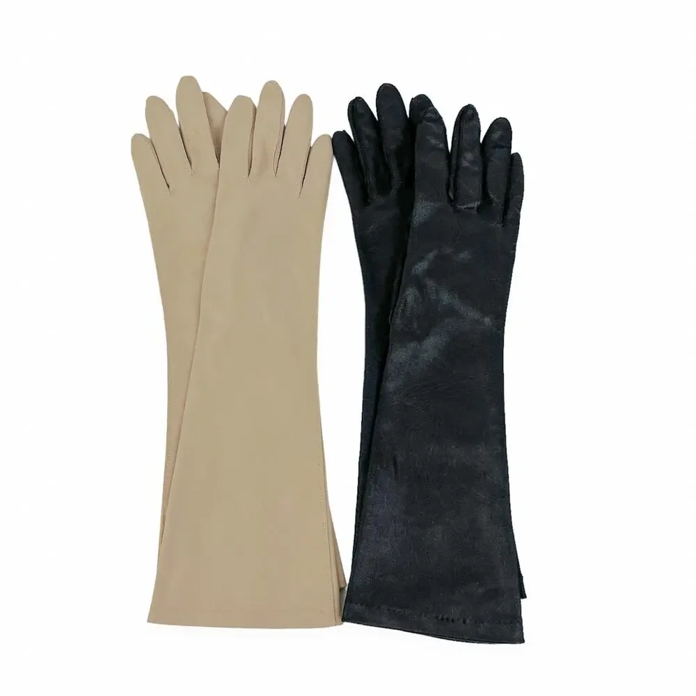 Vintage Van Raalte Gloves Lot 2 Pair Mid Arm Beige Black Nylon Washable Soft 6.5